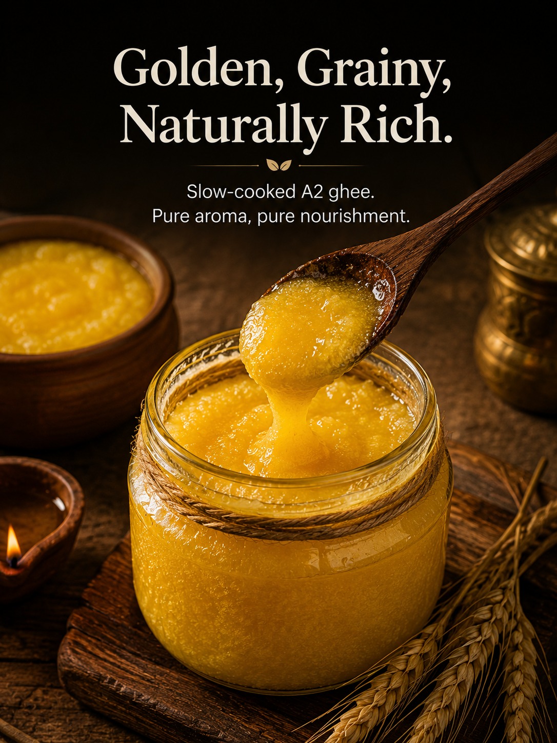 Golden, grainy, naturally rich — slow-cooked A2 ghee with pure aroma and nourishment