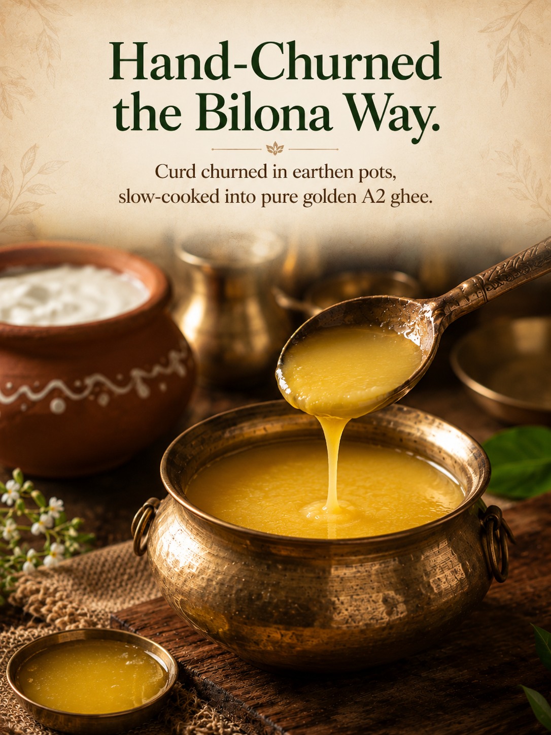 Hand-churned the Bilona way — curd churned in earthen pots, slow-cooked into pure A2 ghee