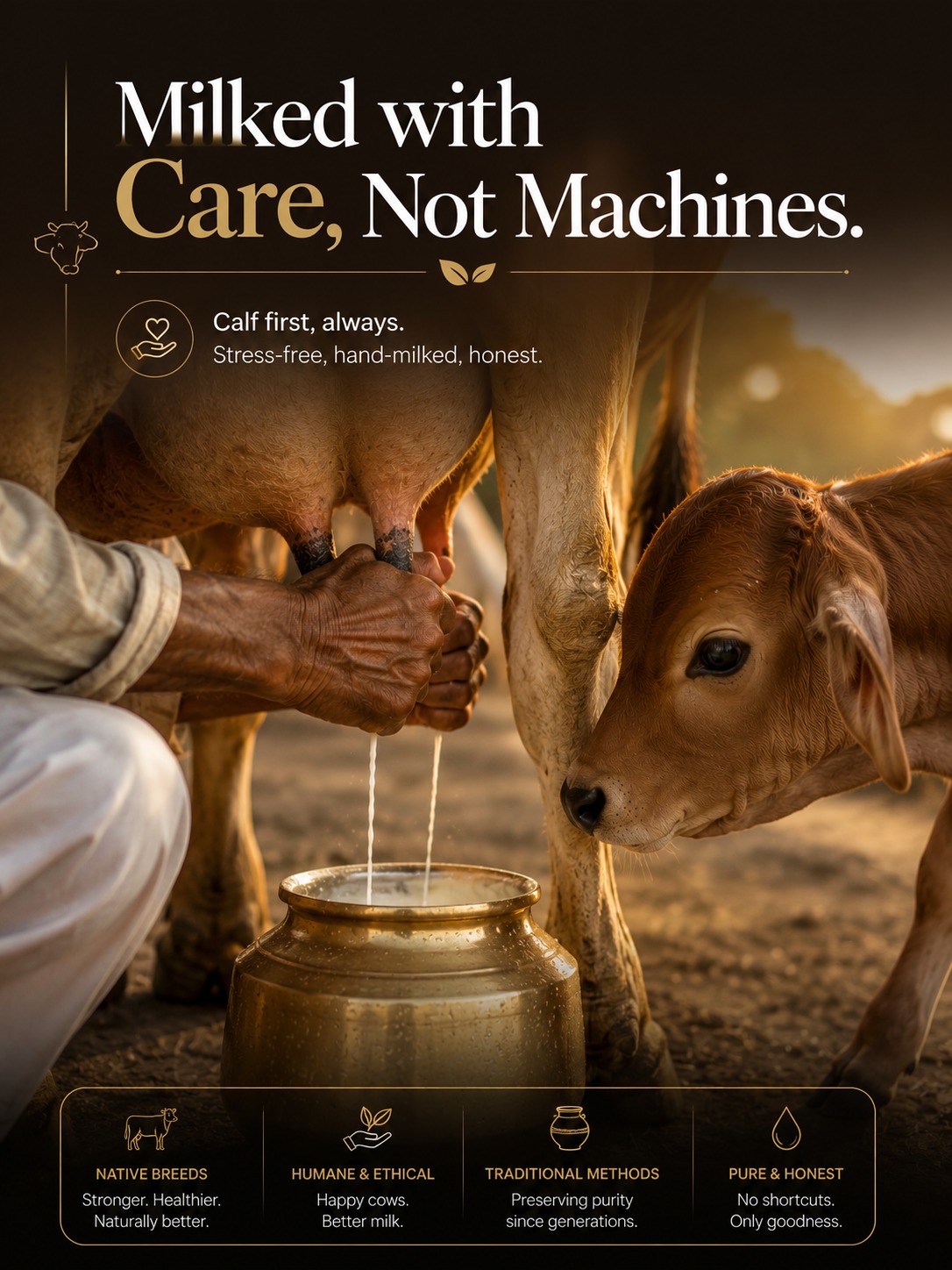 Milked with care, not machines — calf first, always; stress-free and hand-milked